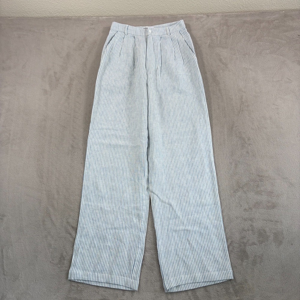 REFORMATION Mason Relaxed Wide Leg Pants 2 Blue White Striped 100% Linen NWOT